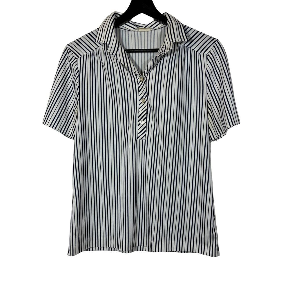 Navy Blue White Striped Shirt Short Sleeve Collared Stretch Vintage 70s 12